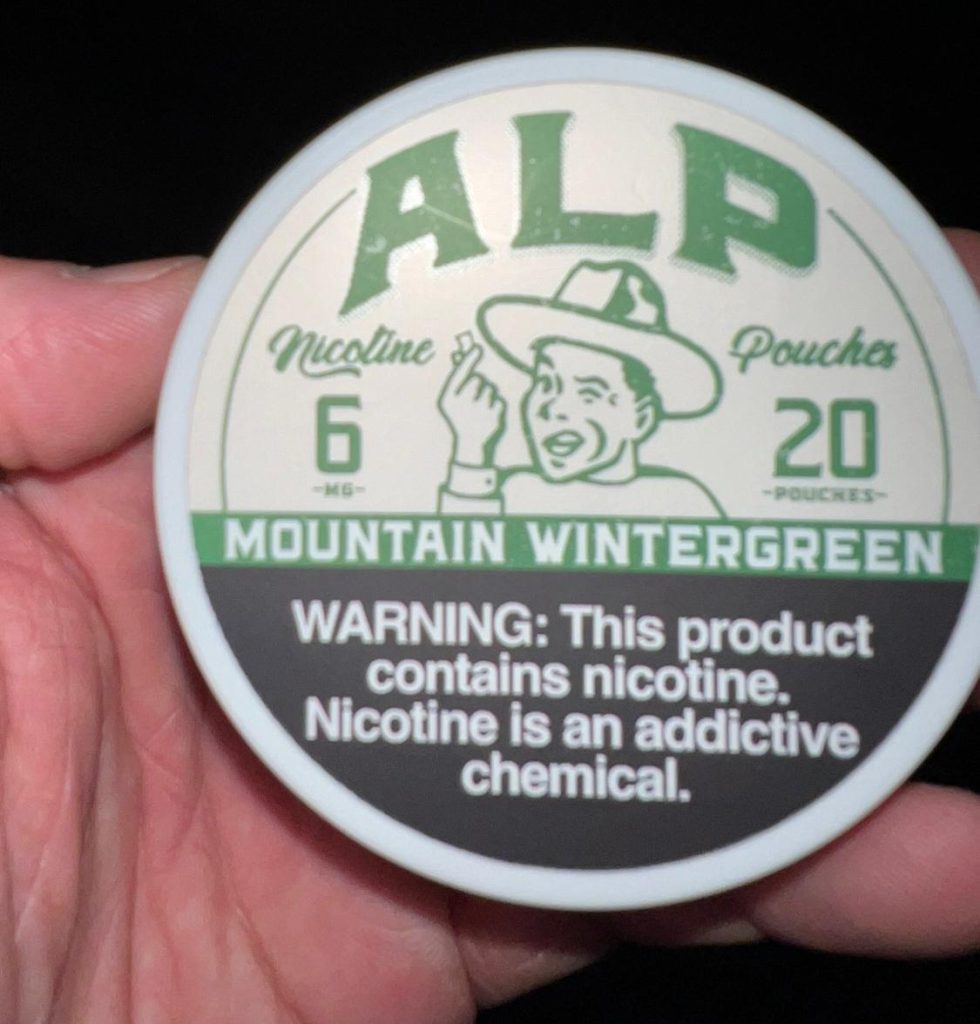 this is a photo of alp nicotine pouches 6mg mountain wintergreen flavor